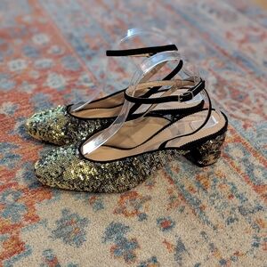 J.Crew Millie Ankle-Strap Heels In Italian Sequin Fabric Silver Gold Women's 8.5